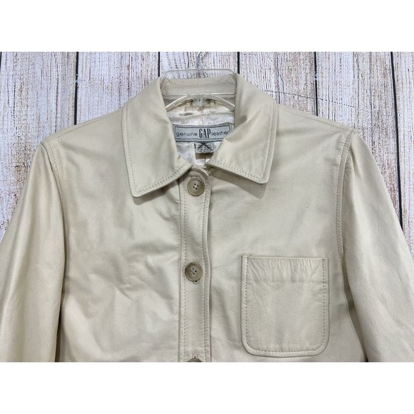 Vintage 90s Y2K Gap Leather Jacket Women Sz Small Cream Beige Button Front - Picture 3 of 9